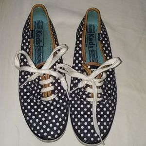 Navy blue and brown polka dot Keds